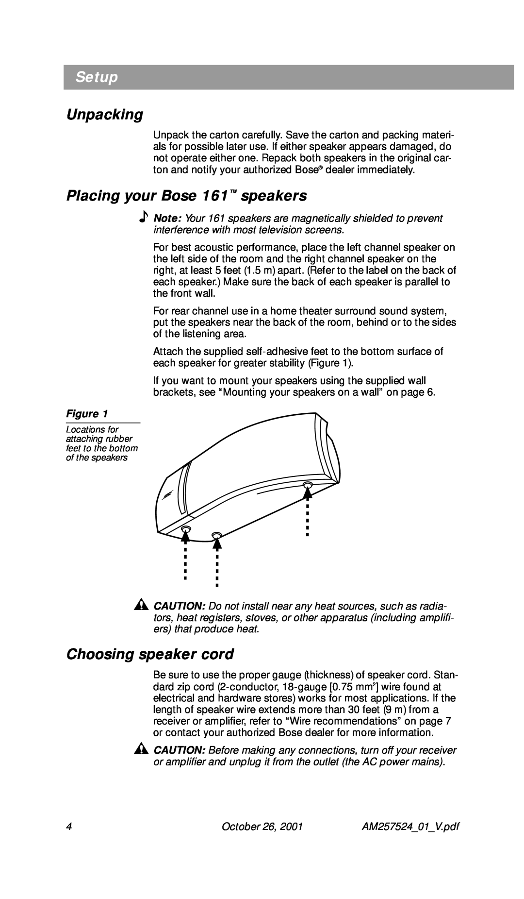 Bose Speakers manual Setup, Unpacking, Placing your Bose 161 speakers, Choosing speaker cord, October 
