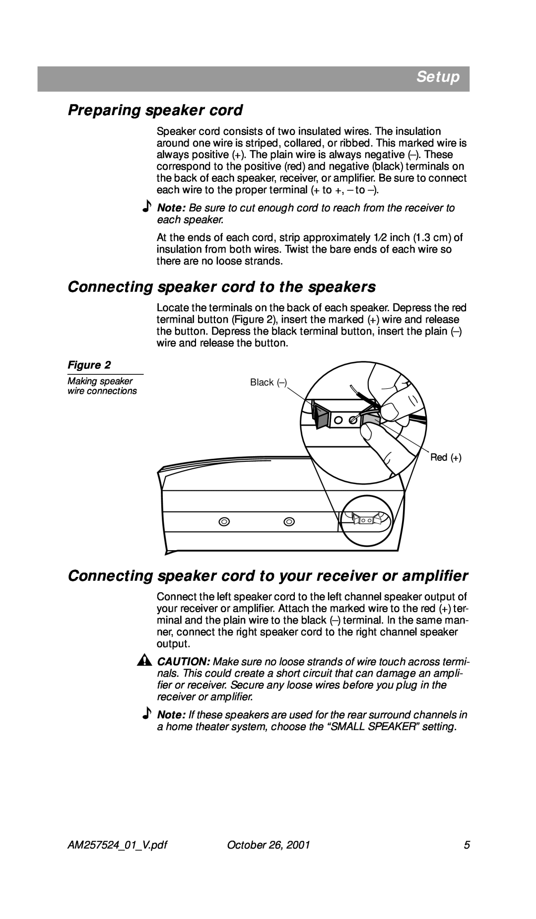 Bose Speakers manual Preparing speaker cord, Connecting speaker cord to the speakers, Setup, October 