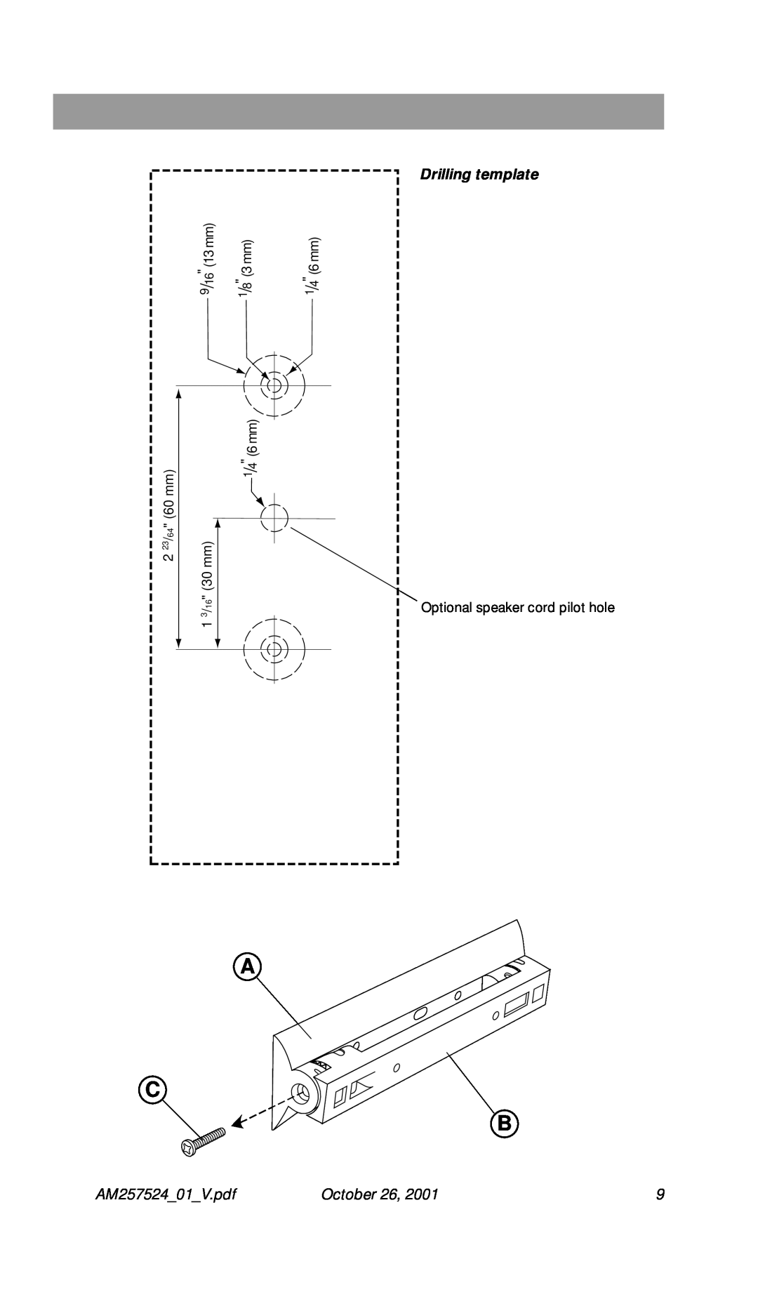 Bose Speakers manual A C B, Drilling template, October, 1 /4, 9/16, mm13, 6064, 30/16 