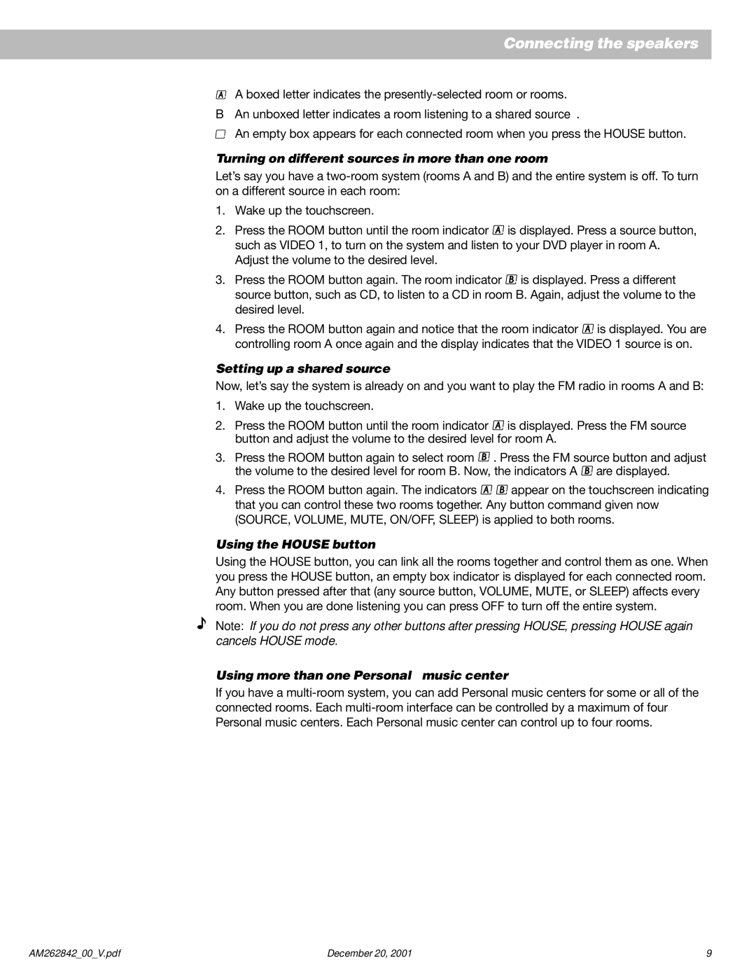 Bose Surround Sound Speaker System manual Turning on different sources in more than one room, Setting up a shared source 