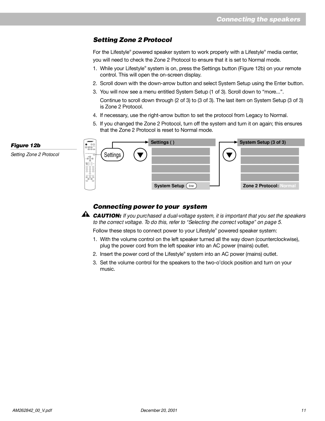 Bose Surround Sound Speaker System manual Setting Zone 2 Protocol, Connecting power to your system 