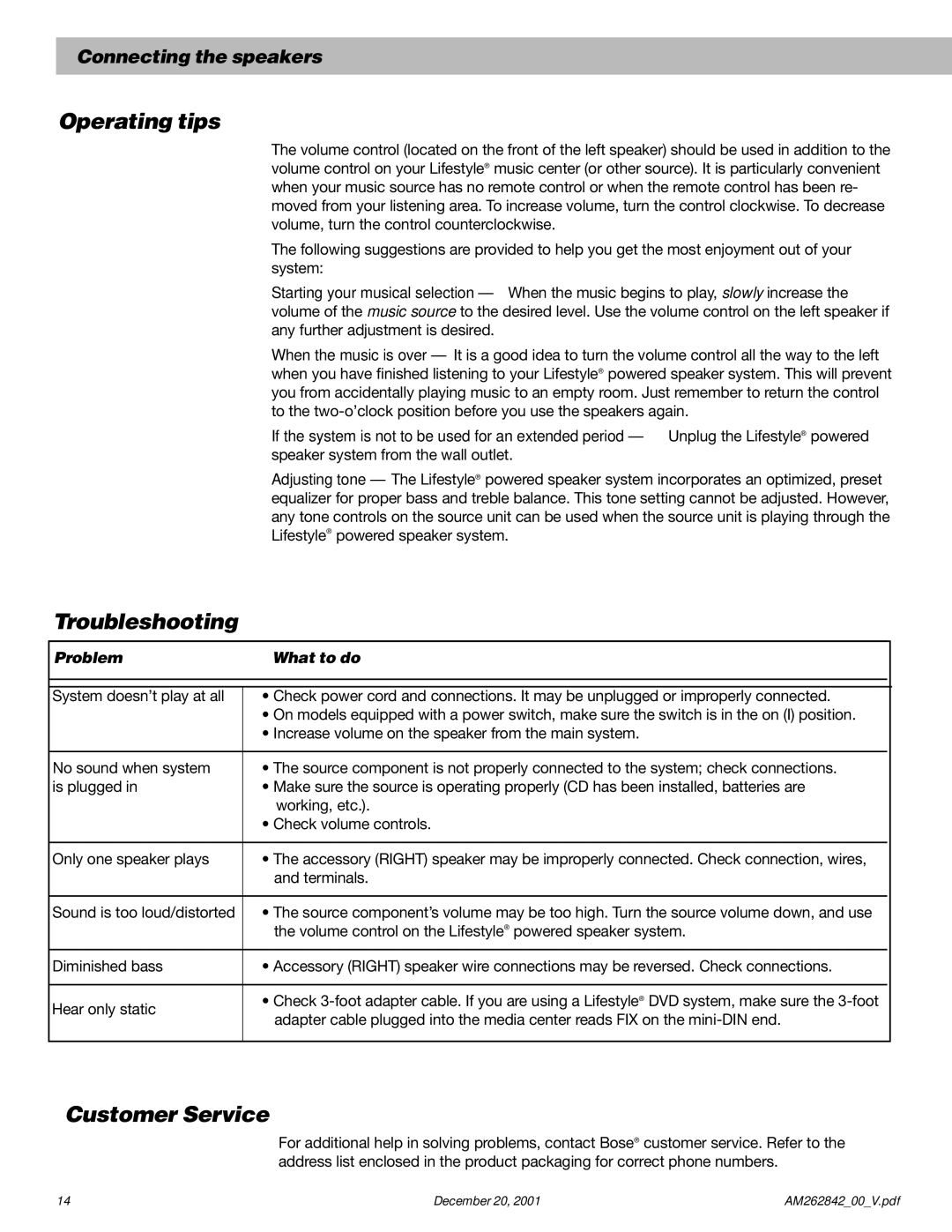 Bose Surround Sound Speaker System manual Operating tips, Troubleshooting, Customer Service, Problem What to do 