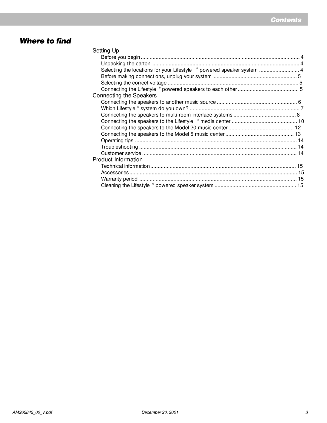 Bose Surround Sound Speaker System manual Where to find…, Setting Up 