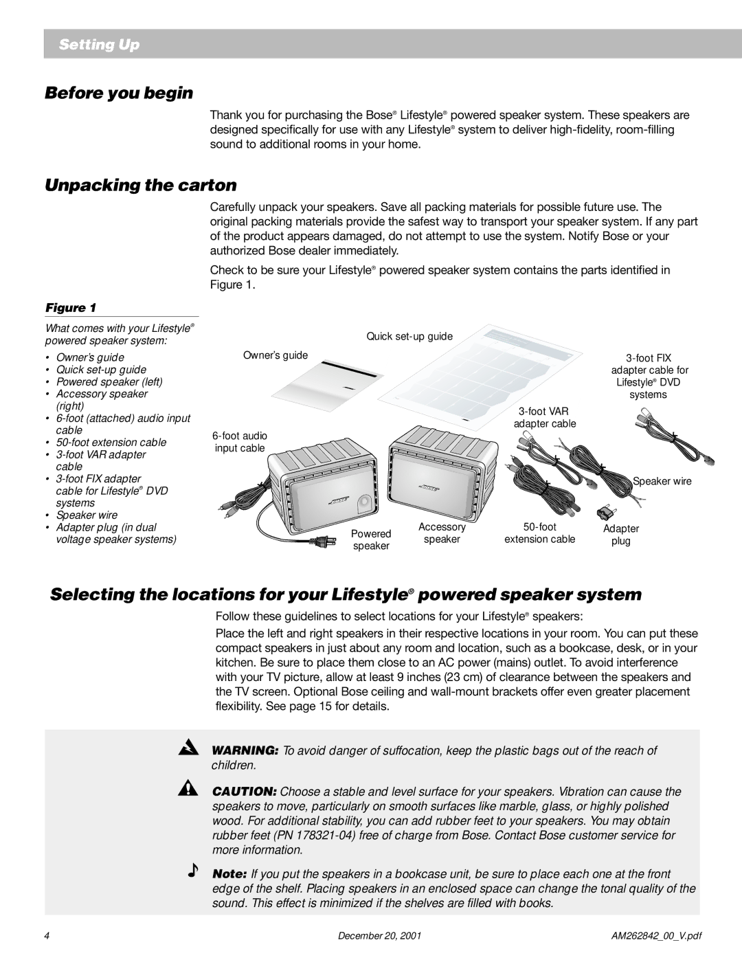 Bose Surround Sound Speaker System manual Before you begin, Unpacking the carton 