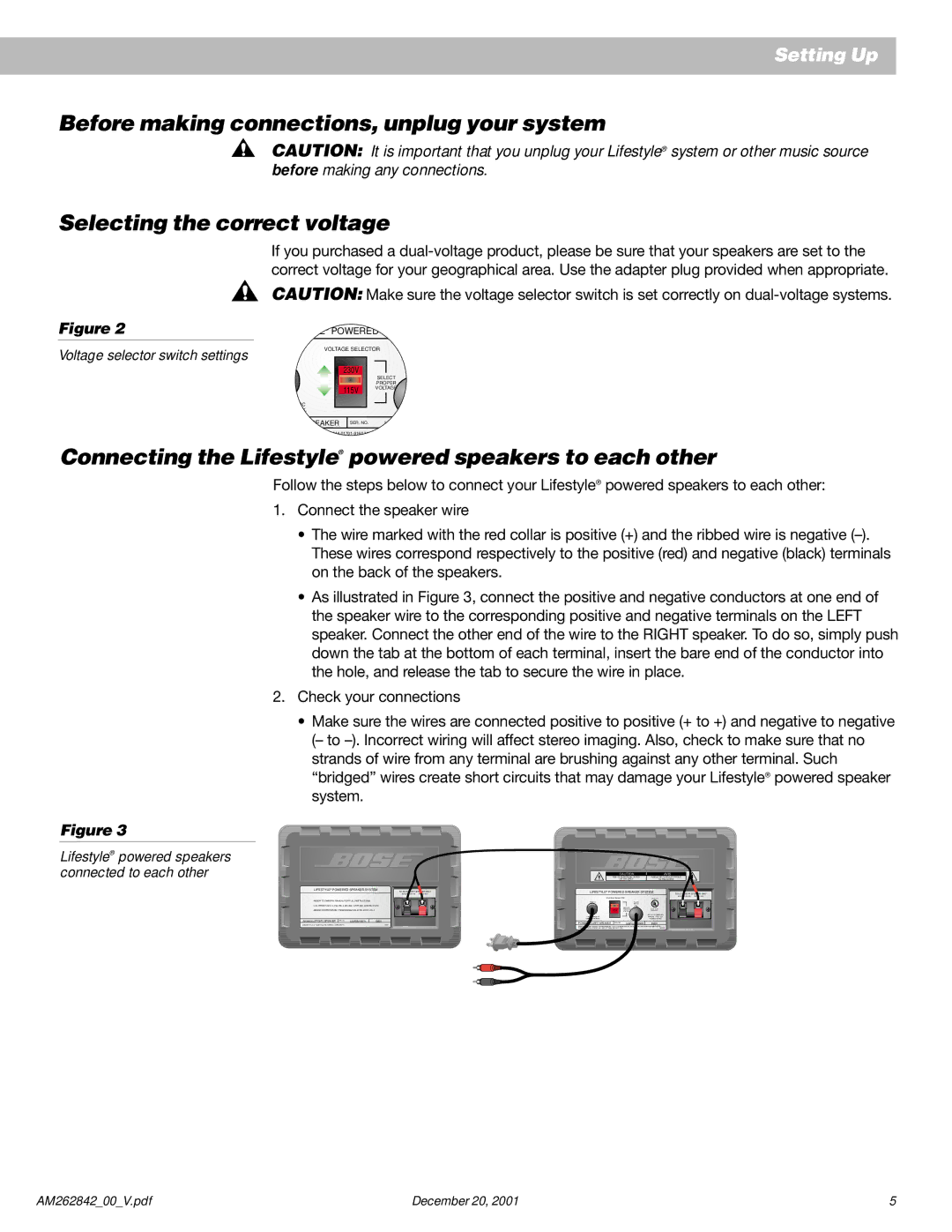 Bose Surround Sound Speaker System manual Connecting the Lifestyle powered speakers to each other 