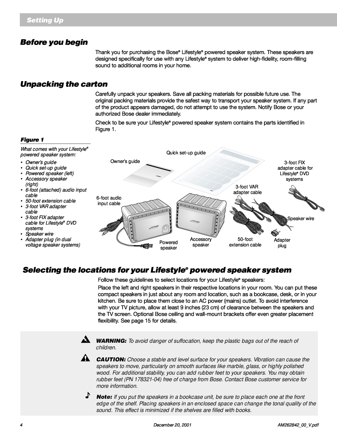 Bose Surround Sound Speaker System manual Before you begin, Unpacking the carton, Setting Up 