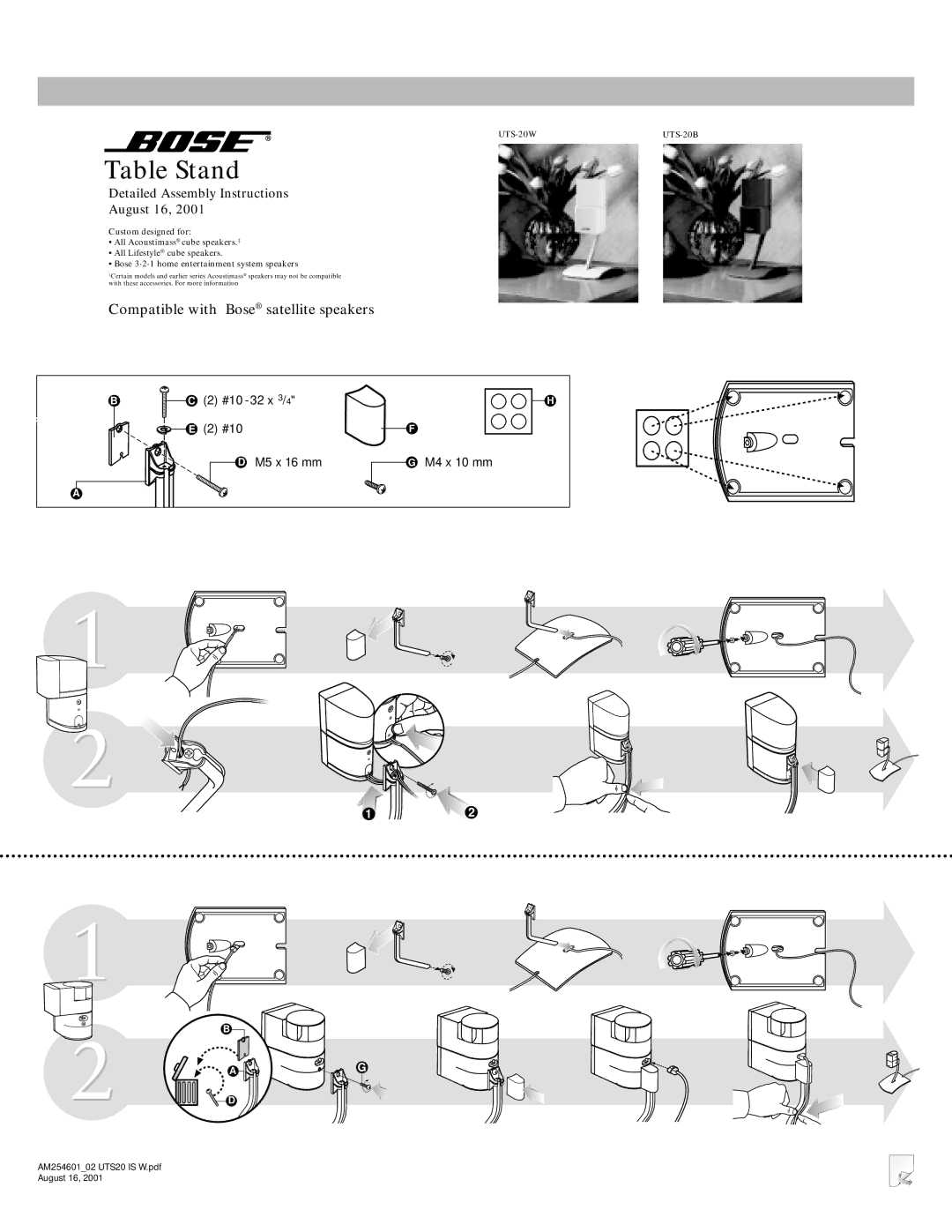 Bose UTS20BLK manual Table Stand, Compatible with Bose satellite speakers, Detailed Assembly Instructions August 16 