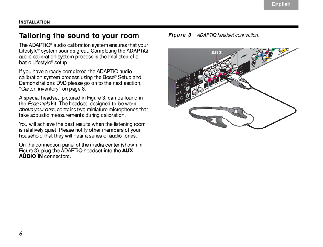 Bose V30 manual Tailoring the sound to your room, ADAPTiQ headset connection 