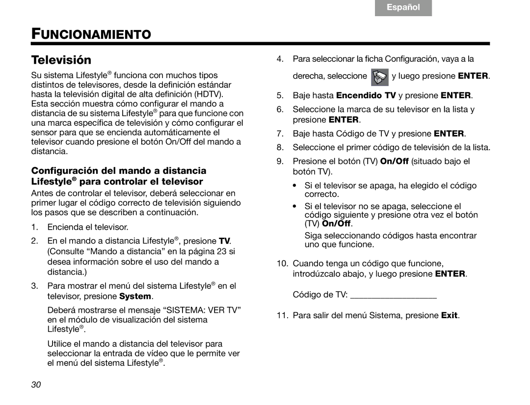 Bose V30 manual Funcionamiento, Televisión 