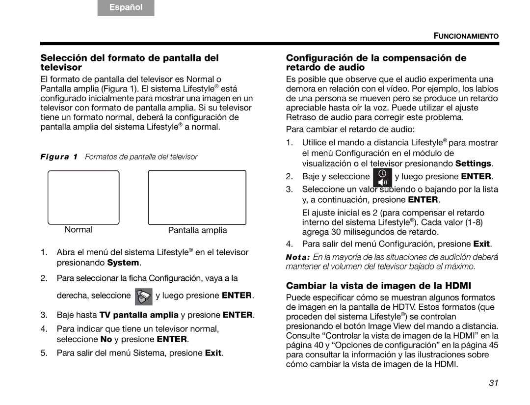 Bose V30 manual Selección del formato de pantalla del televisor, Configuración de la compensación de retardo de audio 