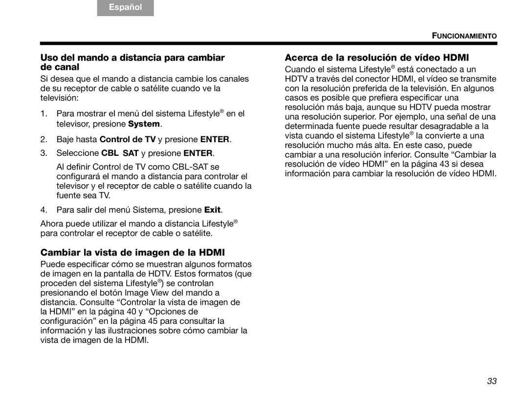 Bose V30 manual Uso del mando a distancia para cambiar de canal, Acerca de la resolución de vídeo Hdmi 