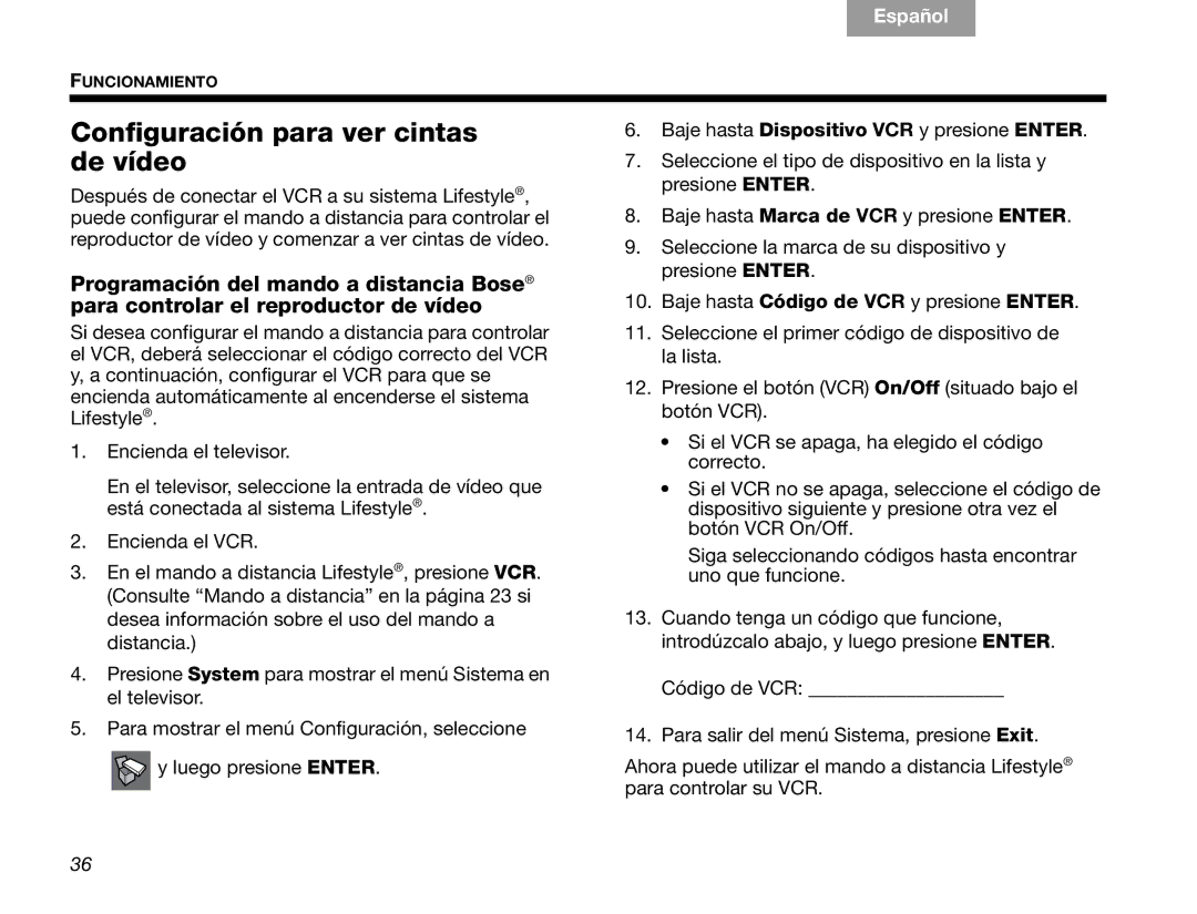 Bose V30 manual Configuración para ver cintas de vídeo 