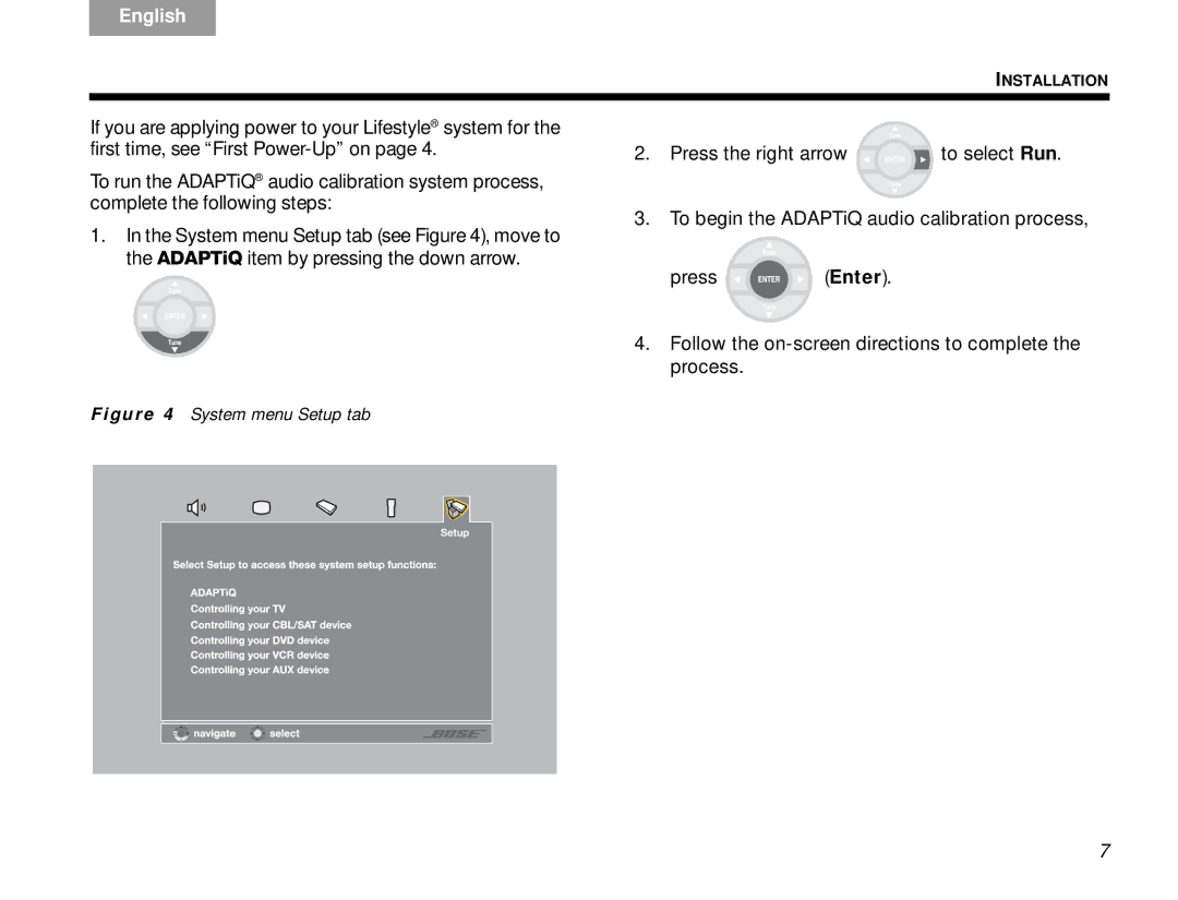 Bose V30 manual System menu Setup tab 