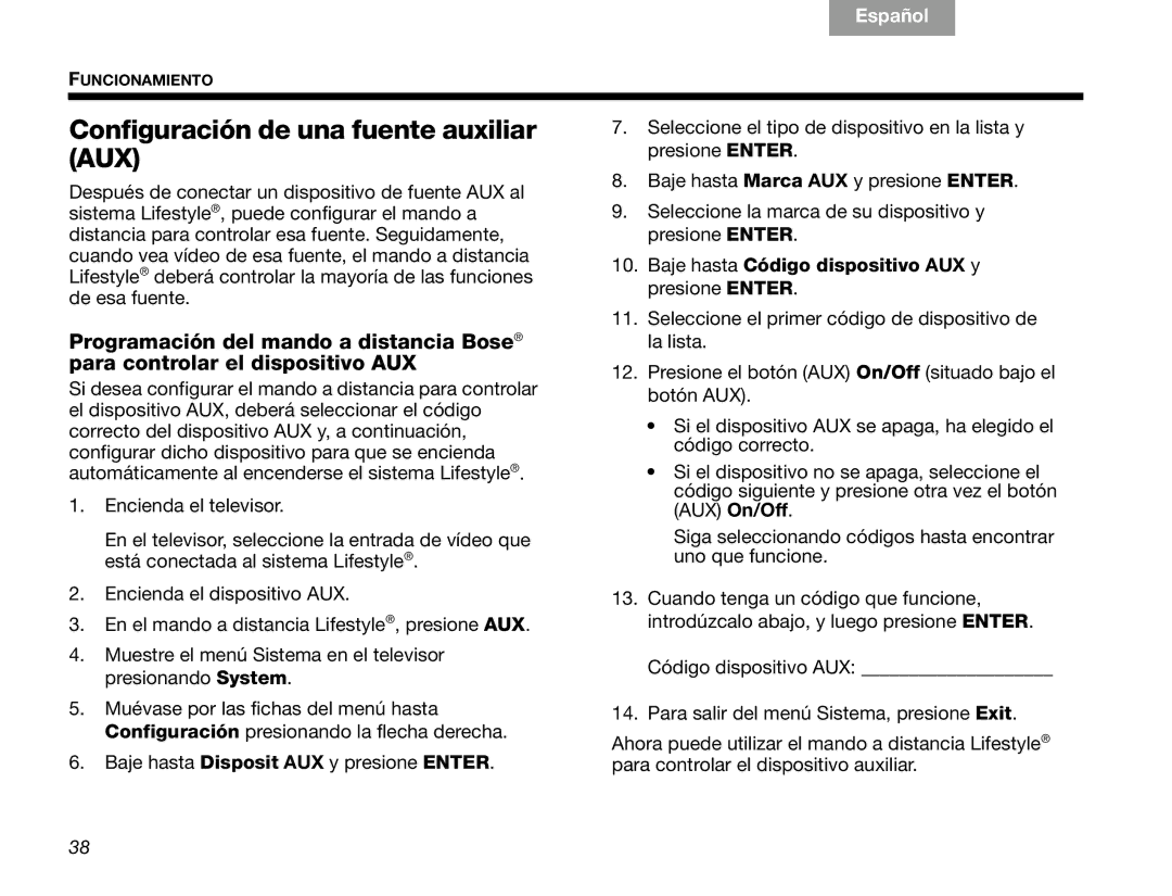 Bose V30 manual Configuración de una fuente auxiliar AUX, Baje hasta Código dispositivo AUX y presione Enter 