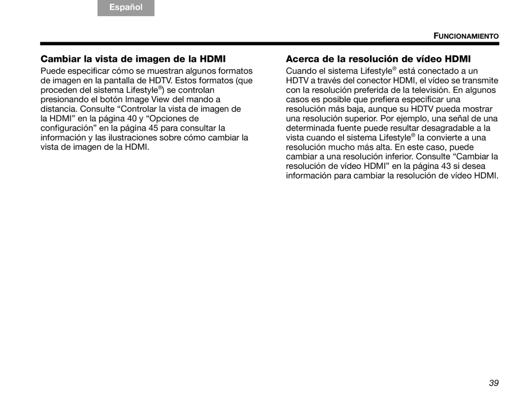 Bose V30 manual Cambiar la vista de imagen de la Hdmi 