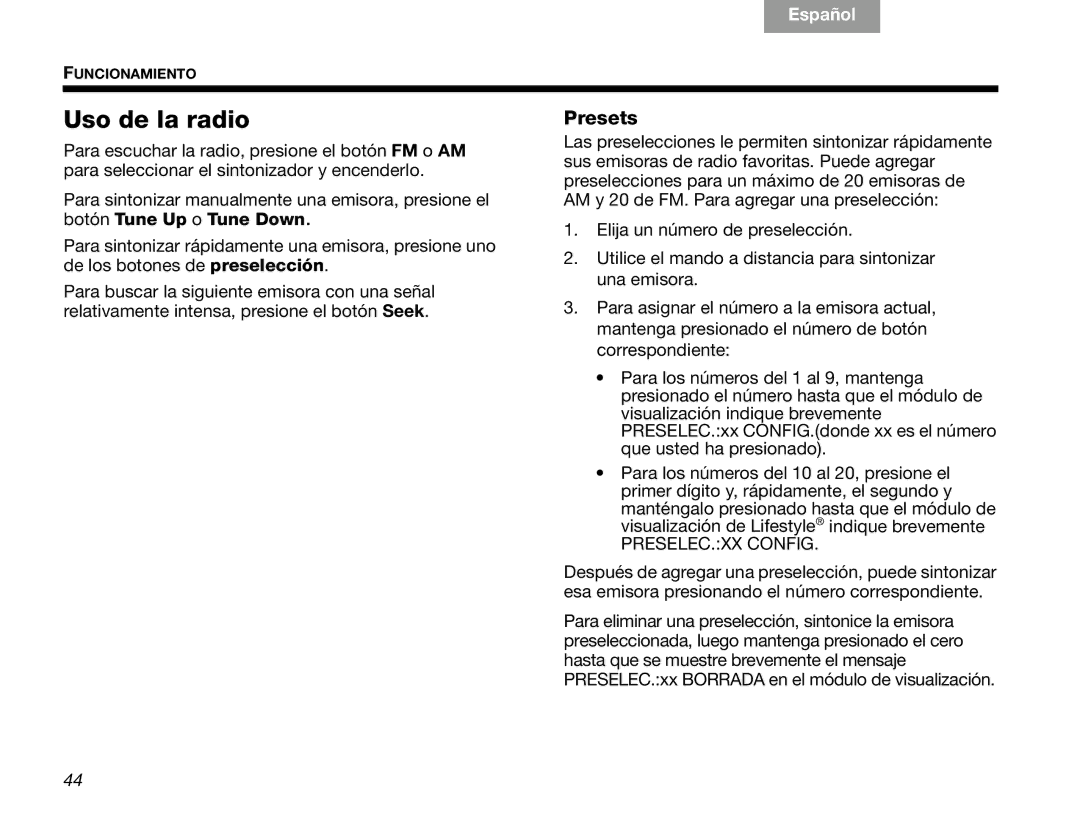 Bose V30 manual Uso de la radio, PRESELEC.XX Config 