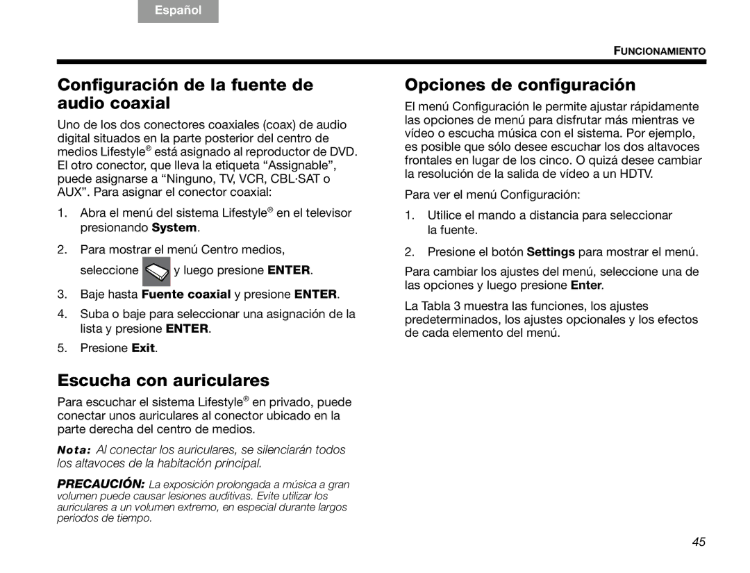 Bose V30 manual Configuración de la fuente de audio coaxial, Opciones de configuración, Escucha con auriculares 