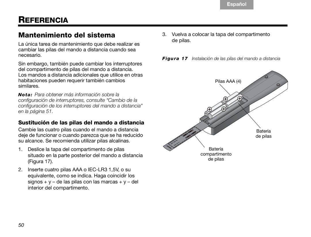 Bose V30 manual Referencia, Mantenimiento del sistema, Sustitución de las pilas del mando a distancia 