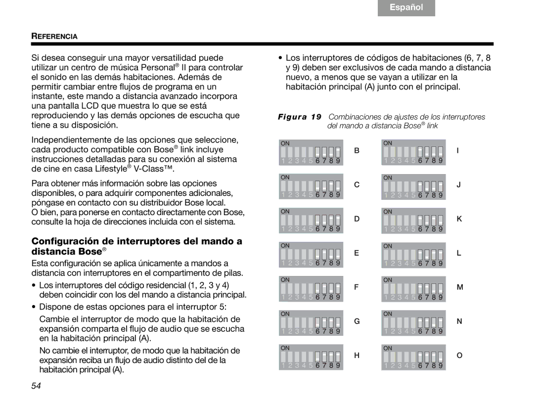 Bose V30 manual Configuración de interruptores del mando a distancia Bose 