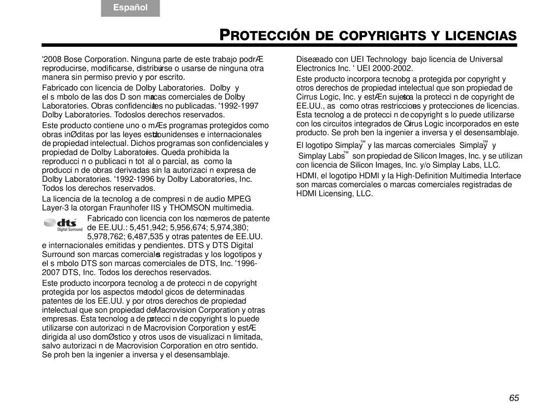 Bose V30 manual Protección DE Copyrights Y Licencias, Fabricado con licencia con los números de patente 