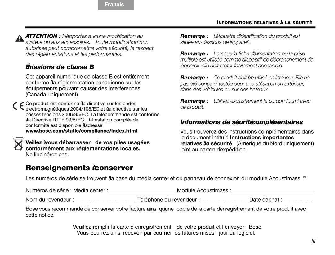 Bose V30 manual Renseignements à conserver, Émissions de classe B 