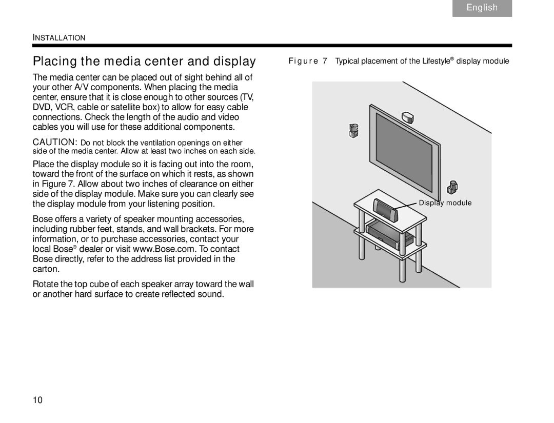 Bose V30 manual Placing the media center and display, Typical placement of the Lifestyle display module 