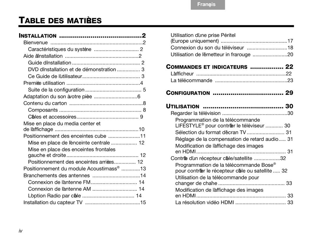 Bose V30 manual Table DES Matières, Configuration Utilisation 