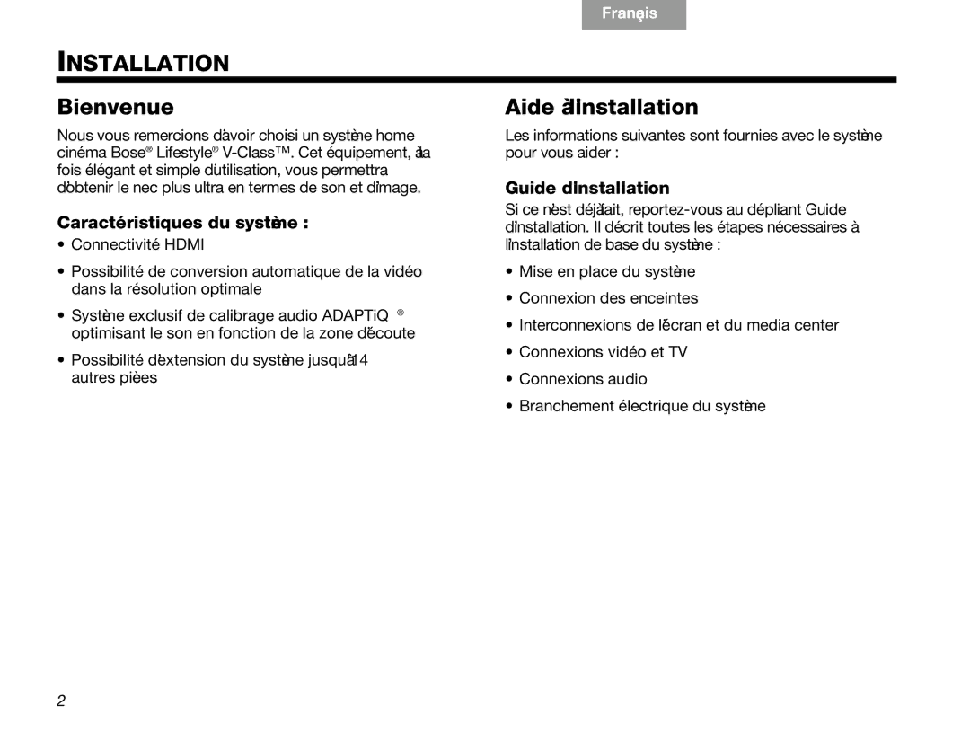 Bose V30 manual Bienvenue Aide à l’installation, Caractéristiques du système, Guide d’installation 