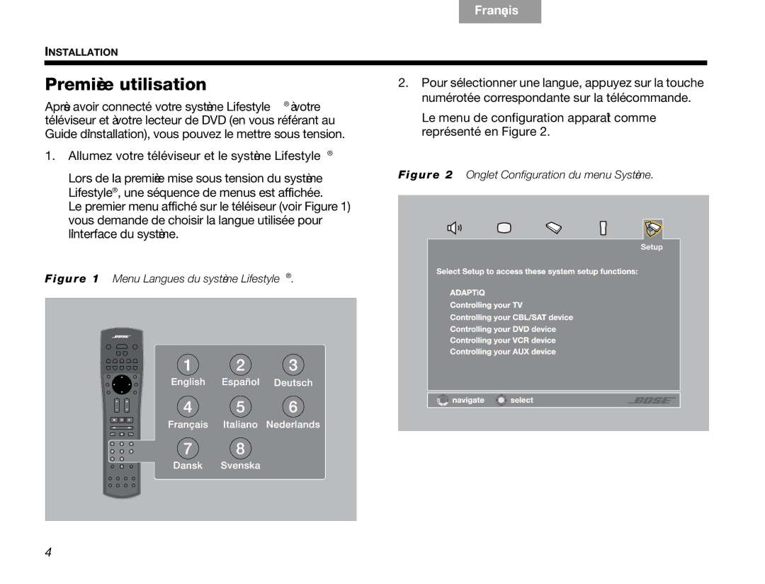 Bose V30 manual Première utilisation, Onglet Configuration du menu Système 