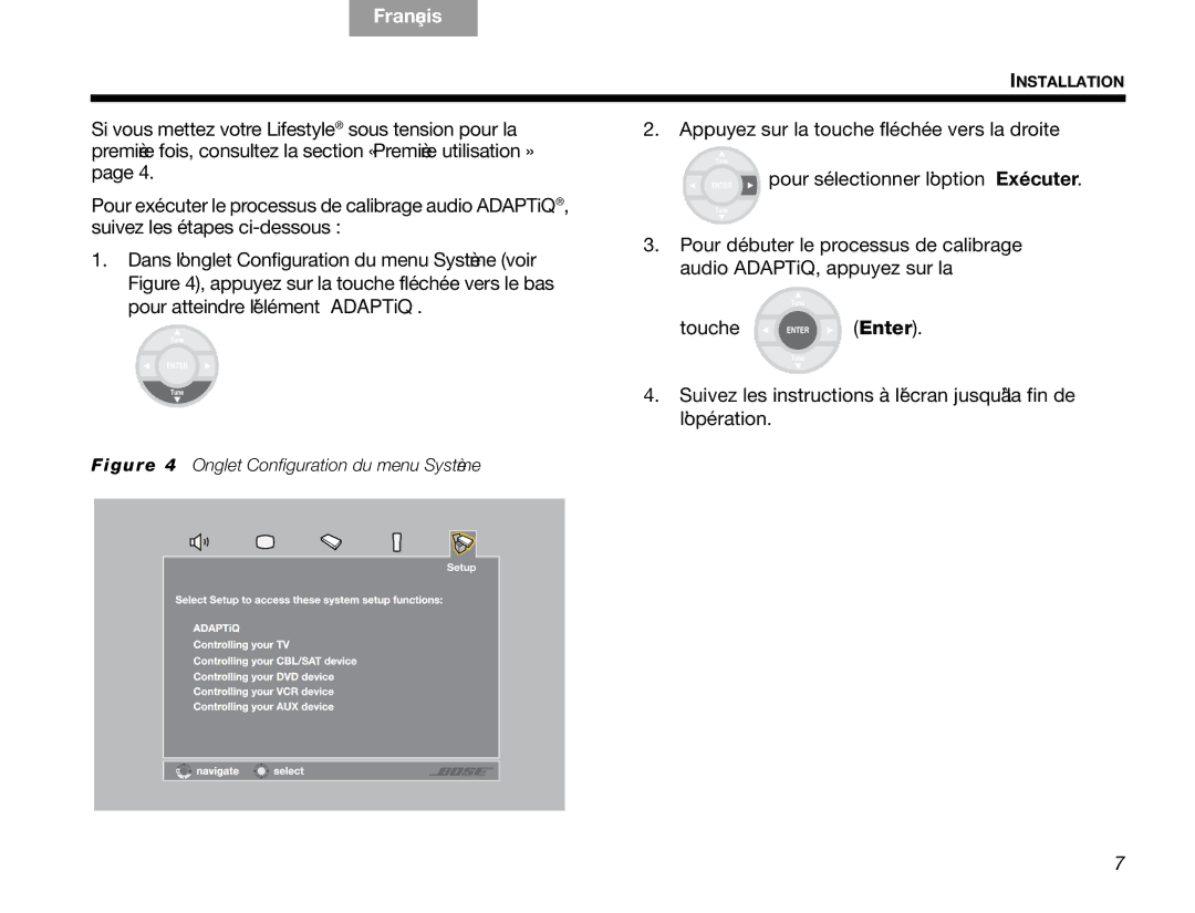 Bose V30 manual Onglet Configuration du menu Système 