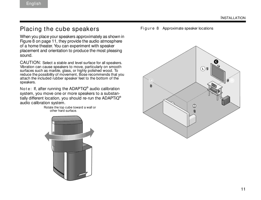 Bose V30 manual Placing the cube speakers, Approximate speaker locations 