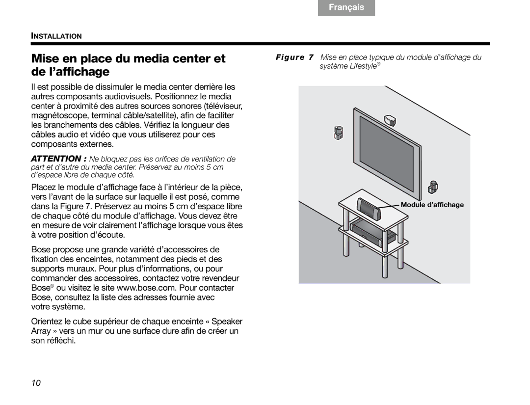 Bose V30 manual Mise en place du media center et de l’affichage 