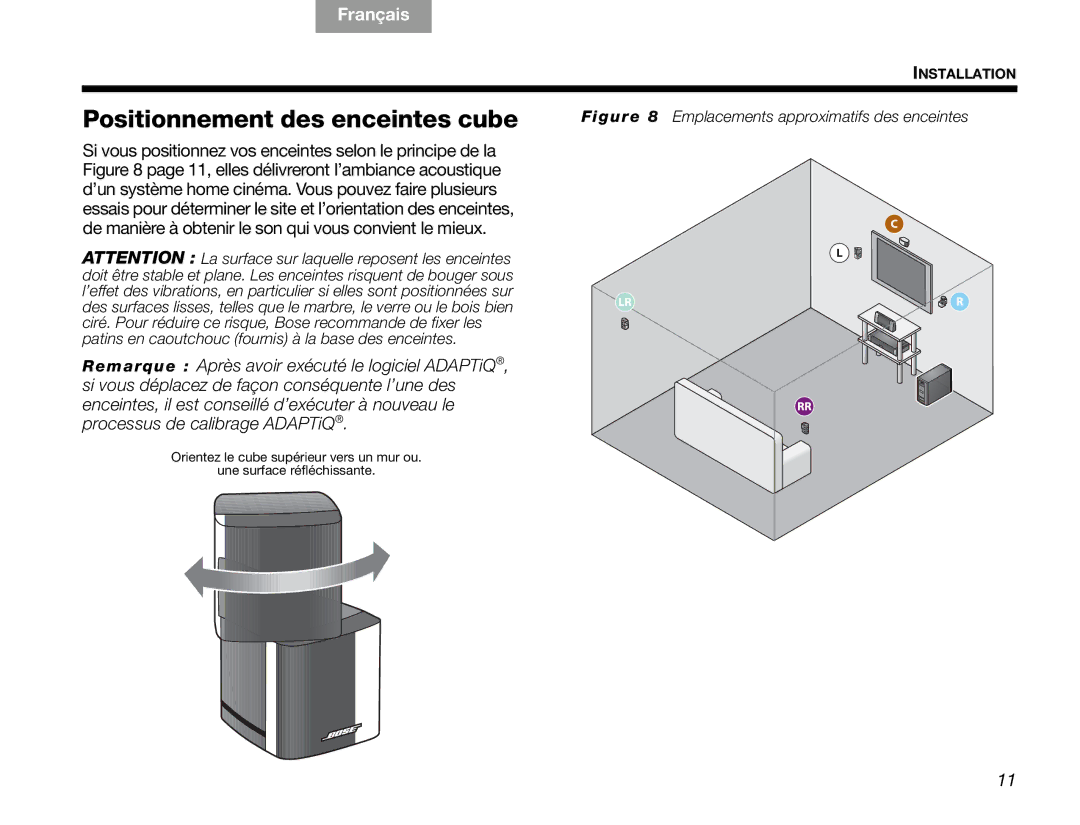 Bose V30 manual Positionnement des enceintes cube, Emplacements approximatifs des enceintes 