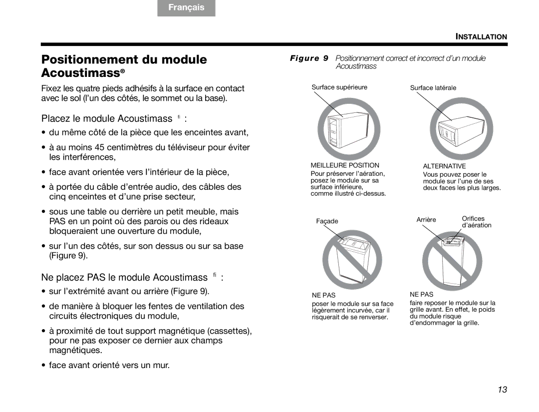 Bose V30 manual Positionnement du module Acoustimass, Placez le module Acoustimass 