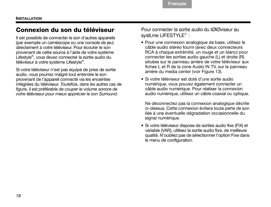 Bose V30 manual Connexion du son du téléviseur 