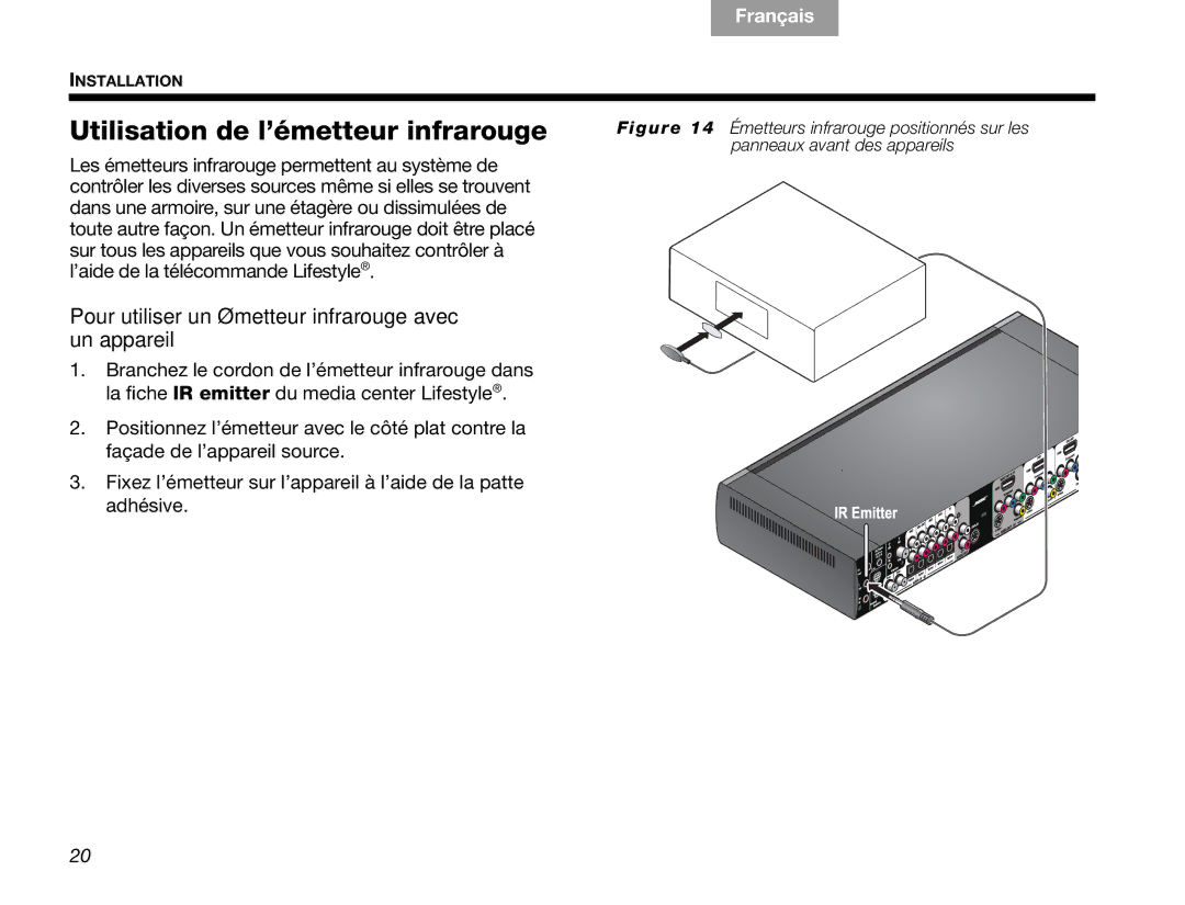 Bose V30 manual Utilisation de l’émetteur infrarouge, Pour utiliser un émetteur infrarouge avec un appareil 