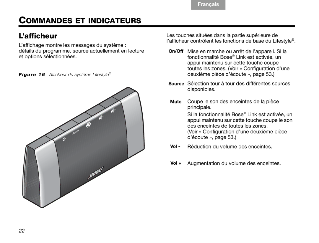 Bose V30 manual Commandes ET Indicateurs, ’afficheur 