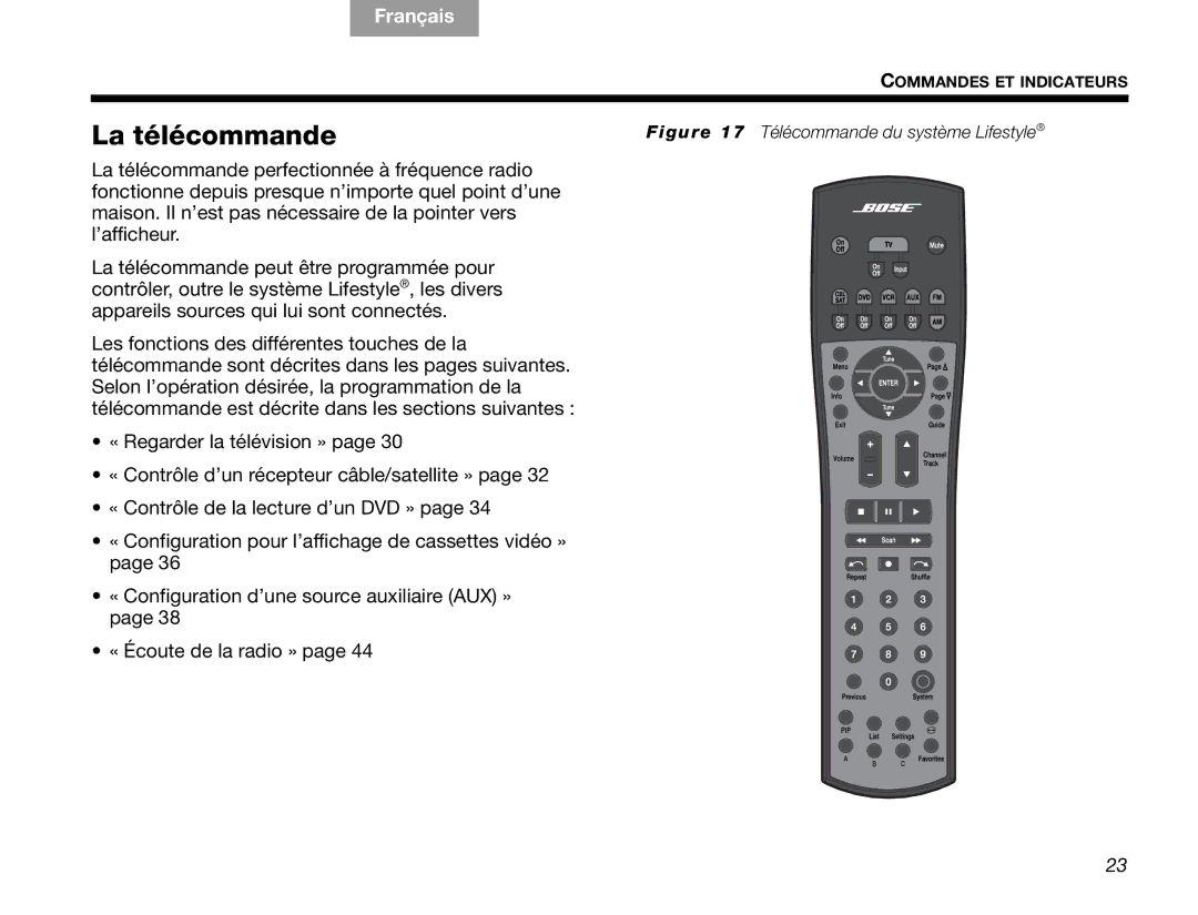 Bose V30 manual La télécommande, Télécommande du système Lifestyle 