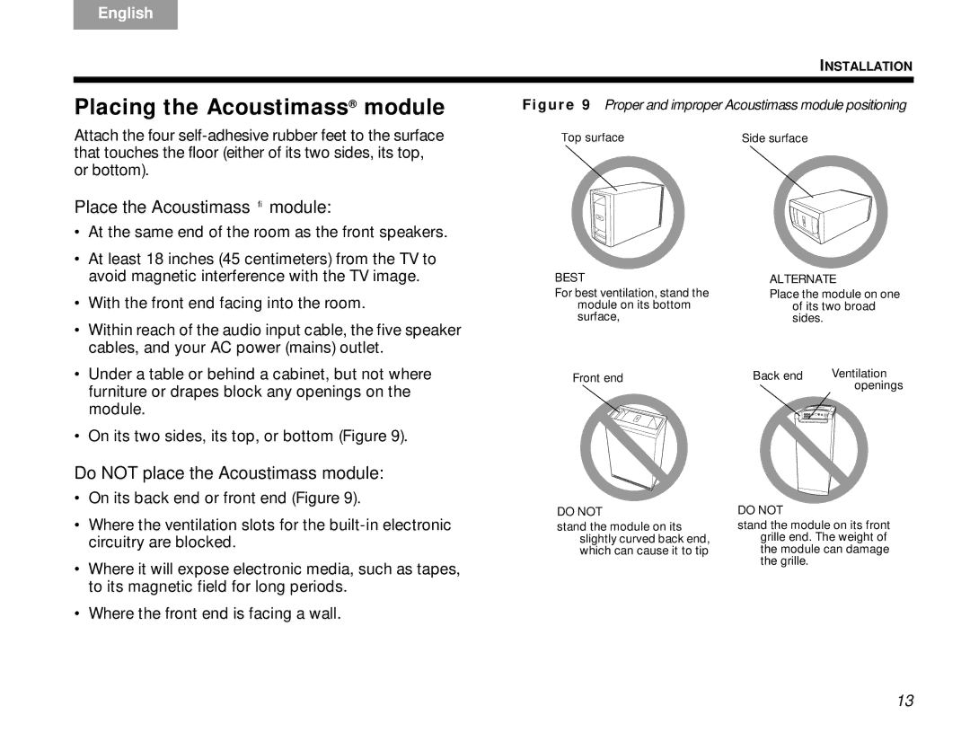 Bose V30 manual Placing the Acoustimass module, Place the Acoustimass module 