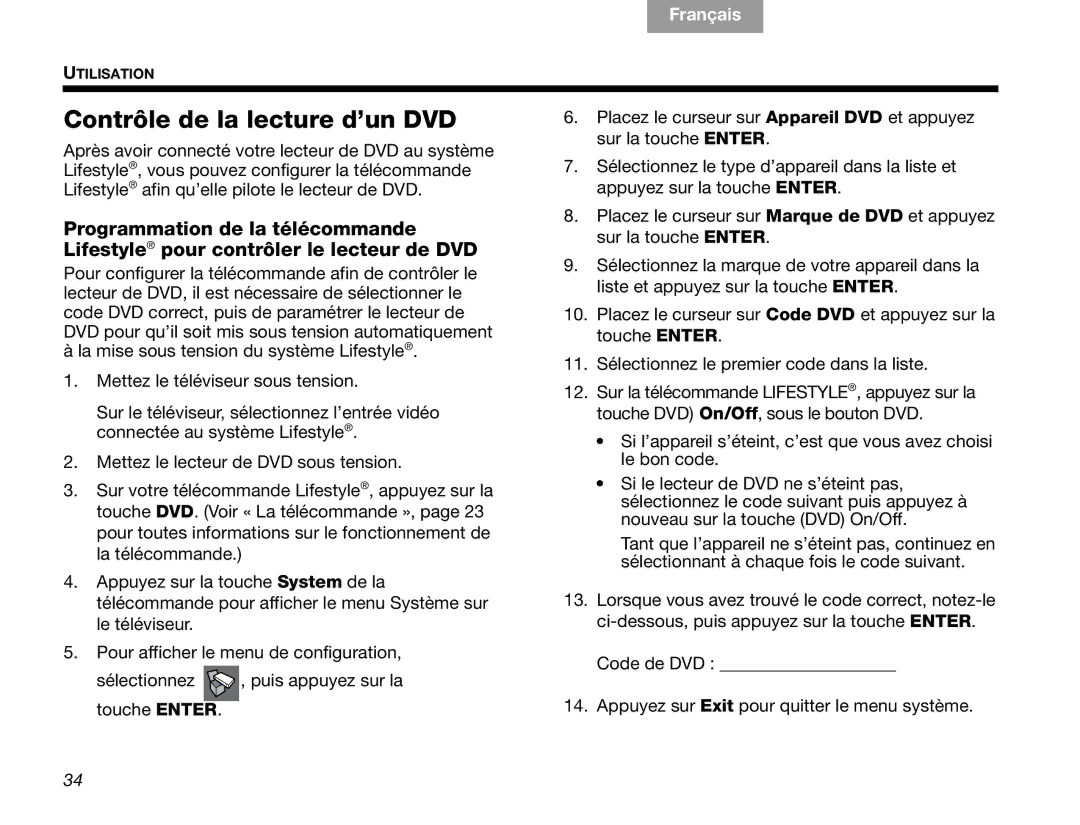 Bose V30 manual Contrôle de la lecture d’un DVD 