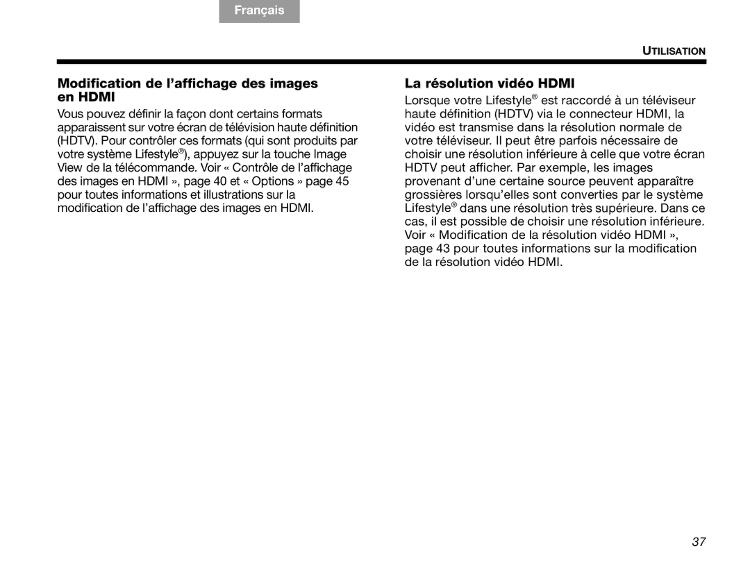 Bose V30 manual Modification de l’affichage des images en Hdmi 