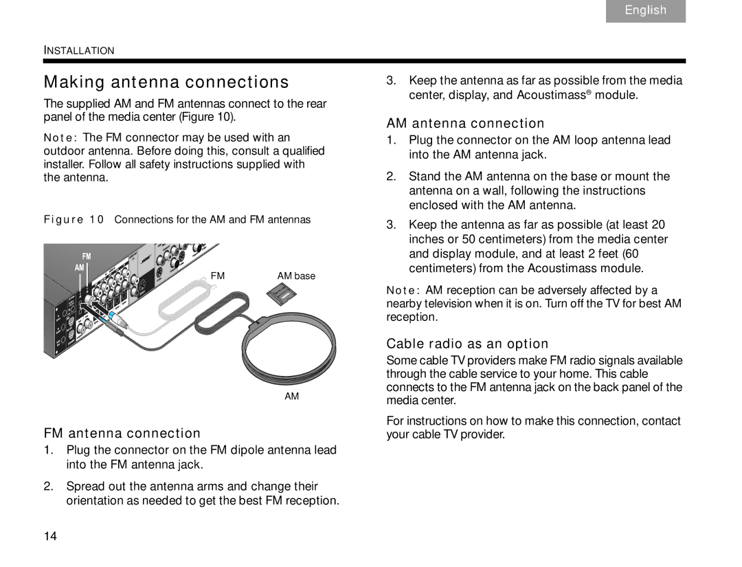 Bose V30 manual Making antenna connections, FM antenna connection, AM antenna connection, Cable radio as an option 