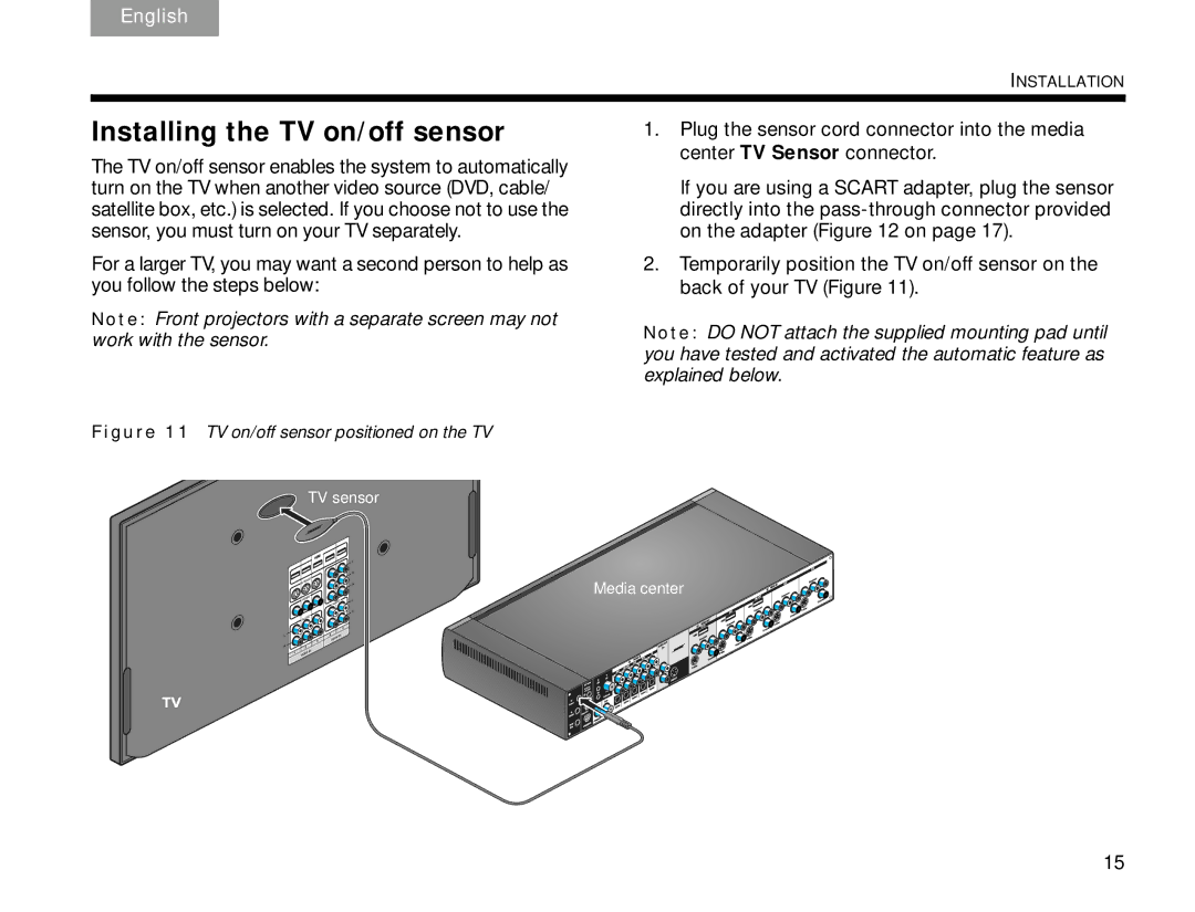 Bose V30 manual Installing the TV on/off sensor, TV on/off sensor positioned on the TV 