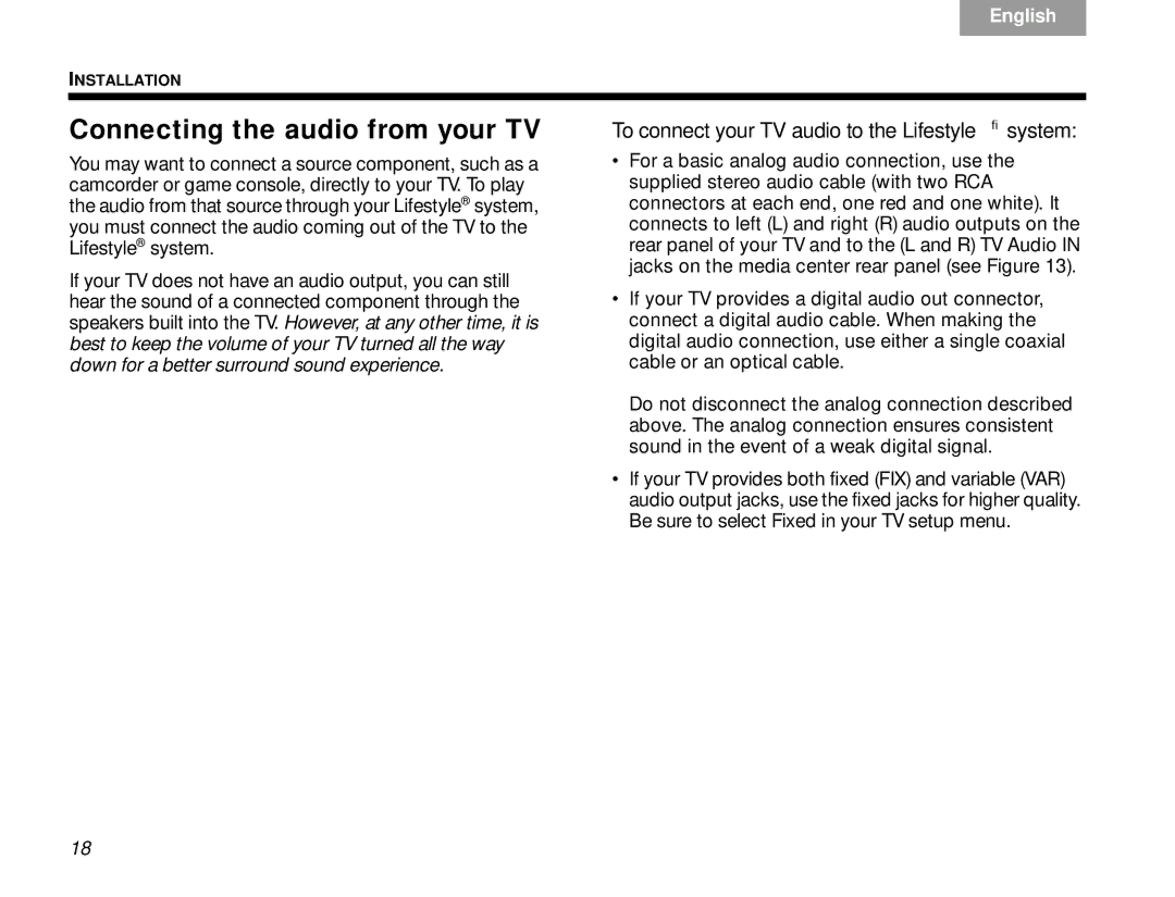 Bose V30 manual Connecting the audio from your TV, To connect your TV audio to the Lifestyle system 