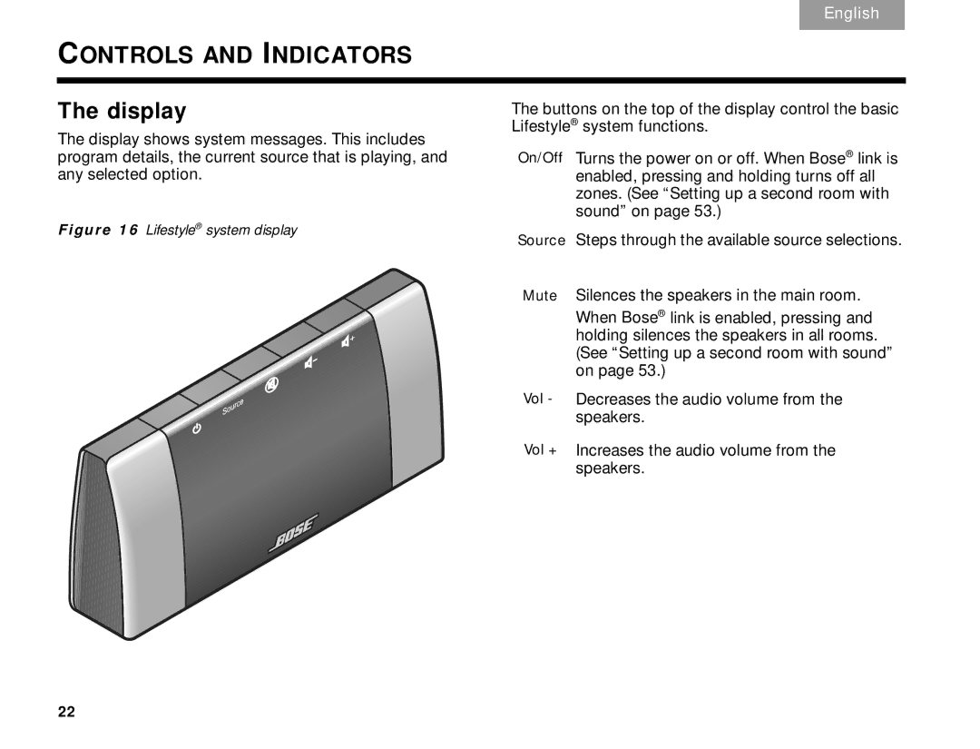 Bose V30 manual Controls and Indicators, Display 