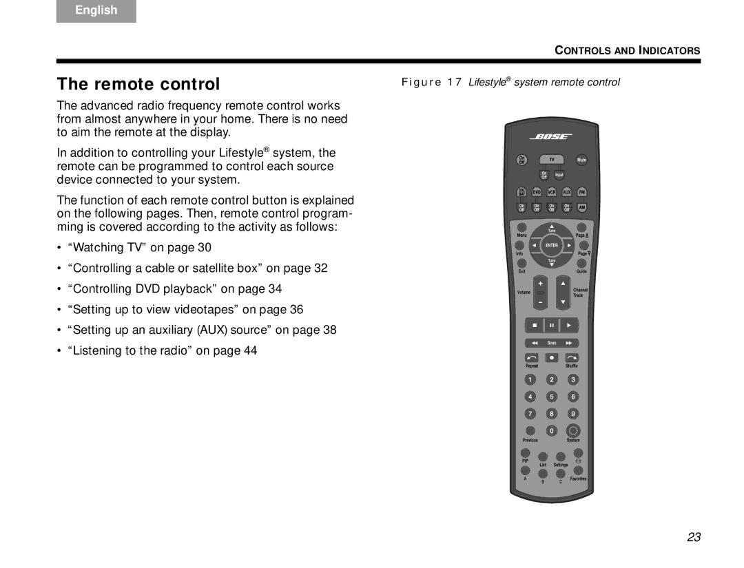 Bose V30 manual Remote control, Lifestyle system remote control 