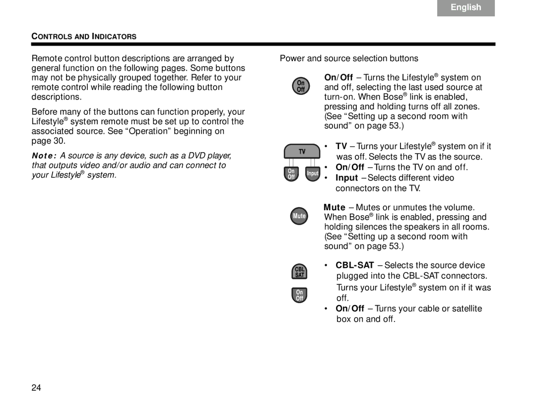 Bose V30 manual Power and source selection buttons 