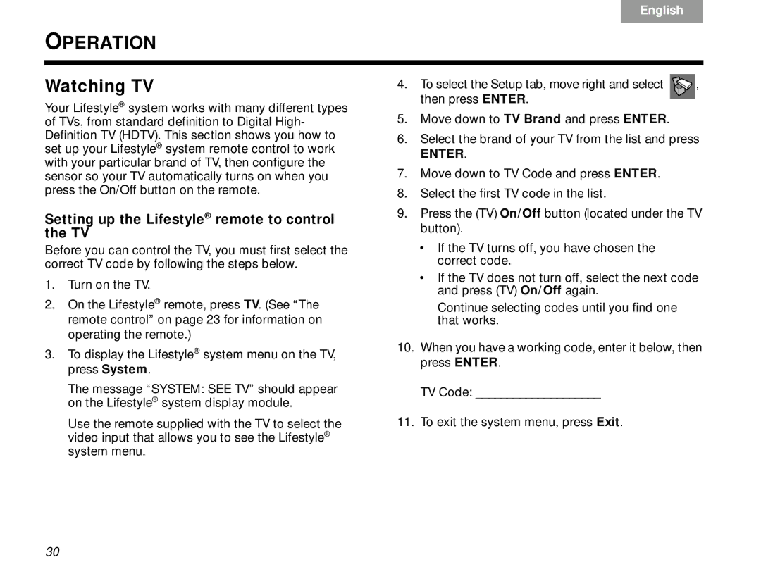 Bose V30 manual Operation, Watching TV, Setting up the Lifestyle remote to control the TV 