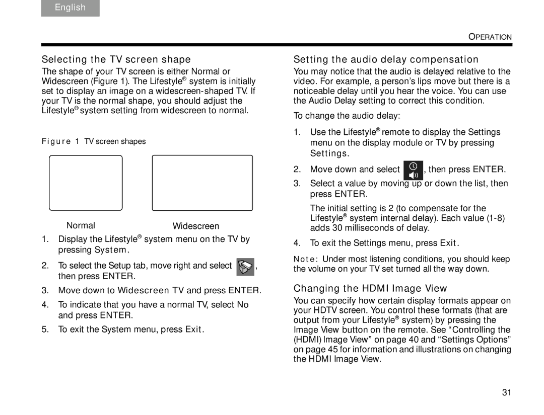 Bose V30 manual Selecting the TV screen shape, Setting the audio delay compensation, Changing the Hdmi Image View 