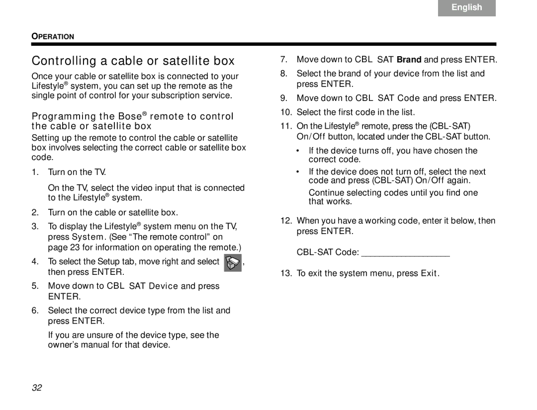 Bose V30 manual Controlling a cable or satellite box 